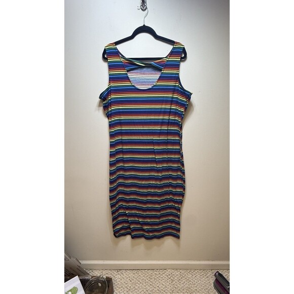 Lane Bryant Striped Rainbow Midi Dress size 22/24 Fitted Open Back Bodycon - Picture 3 of 6